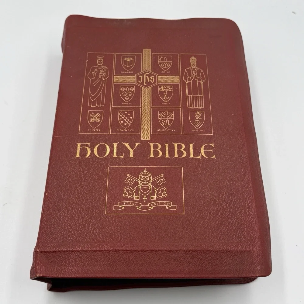 Vintage 1951 Catholic Holy Bible Papal Edition Red Leather Douay Confraternity